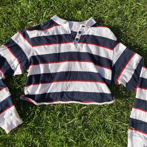 White, Navy, Red Striped Crop Long-Sleeve